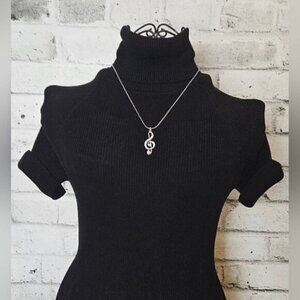 Rhinestone Treble Clef Pendant Necklace on Silvertone Snake Chain